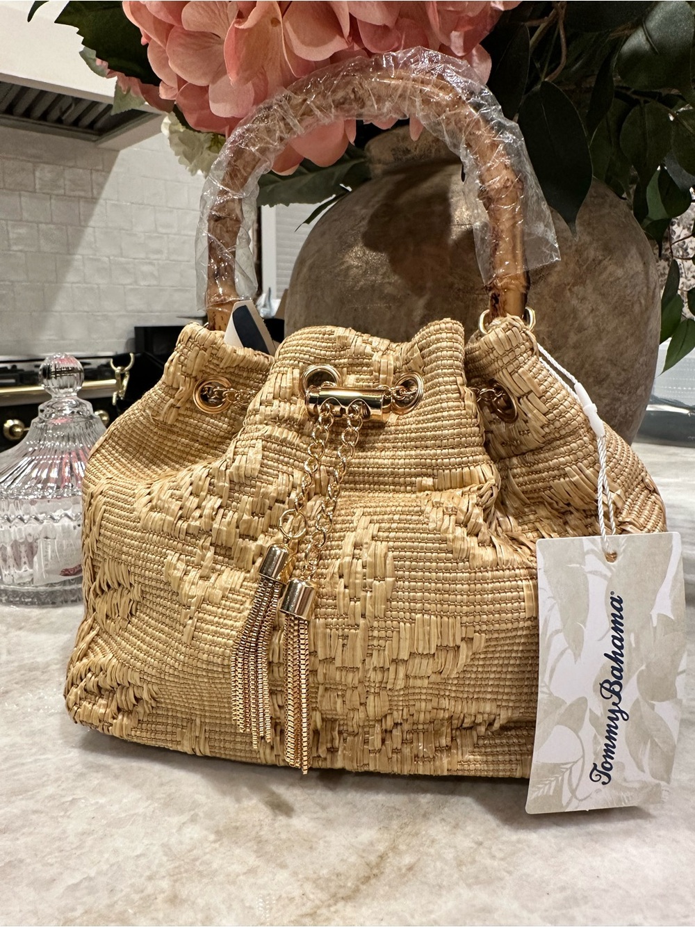 Tommy Bahama Natural Beige Woven Raffia Shoulder Bag with Gold Tassels